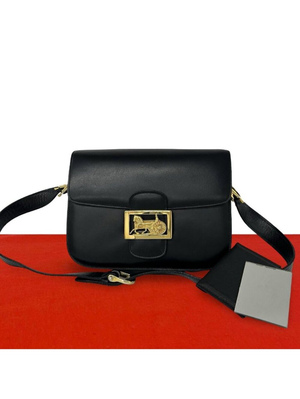 Celine Vintage Logo Carriage Calf Leather Shoulder Bag Pochette Black
